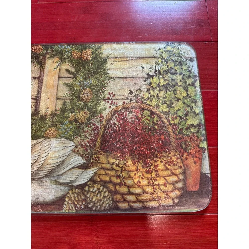 Holiday Swan Glass Cutting Board Rustic Winter Wreath Berry Basket 15x11.5